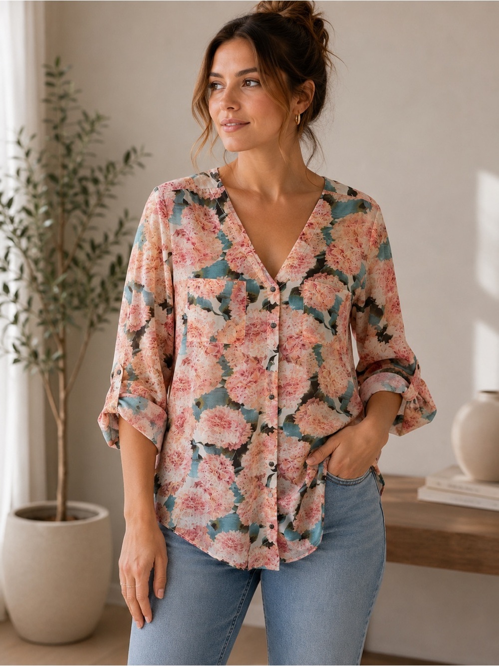 Quirky Circus Feminine Floral Button-Up Blouse - Pink and Green Size 10 Casual